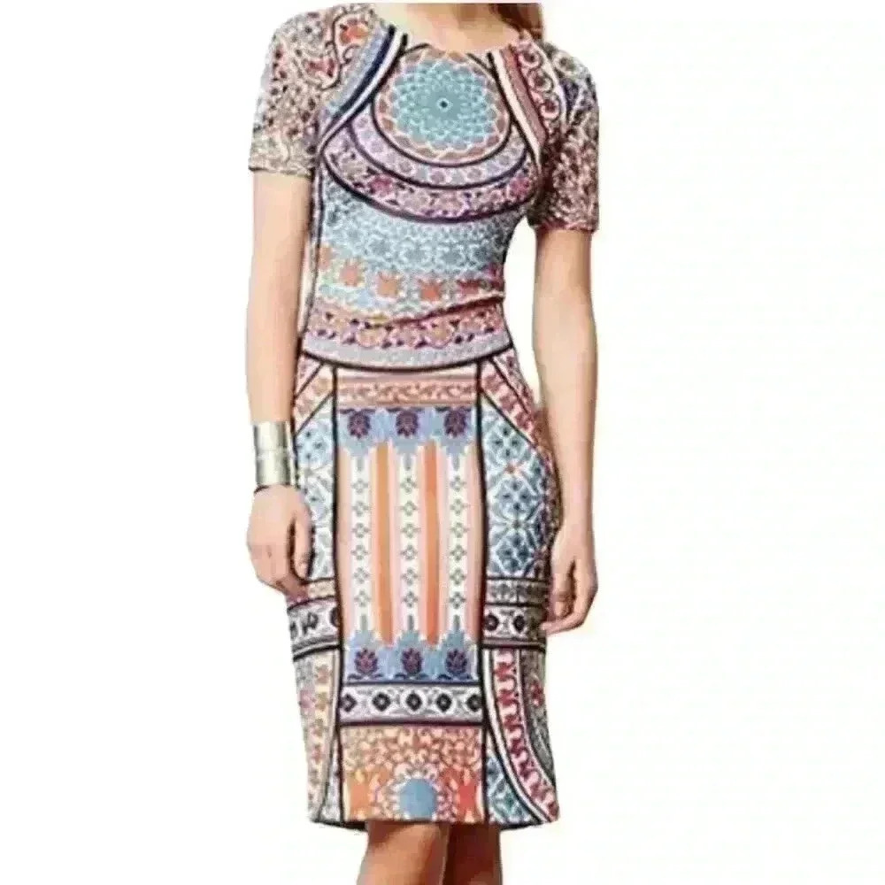 Pankaj & Nidhi Anthropologie Chanda Column Boho Geometric Bodycon Dress Size S